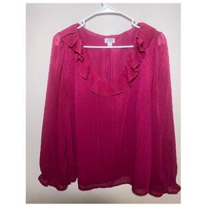 J. Crew Womens Large Ruffled Swiss Dot Long Sleeve Blouse Magenta Metallic